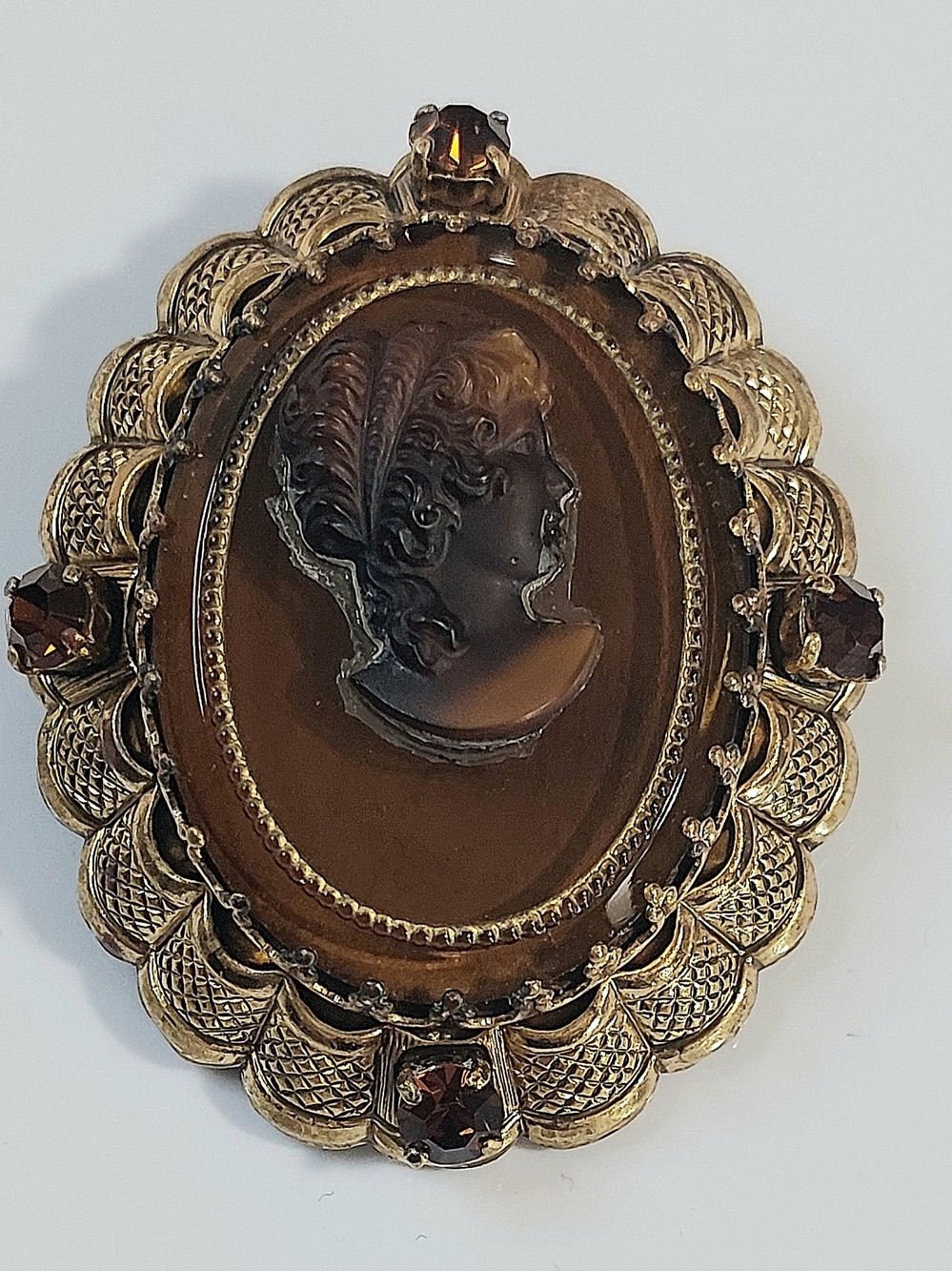 West Germany Vintage Amber Glass Cameo Brooch In Gold - Womens Jewelry